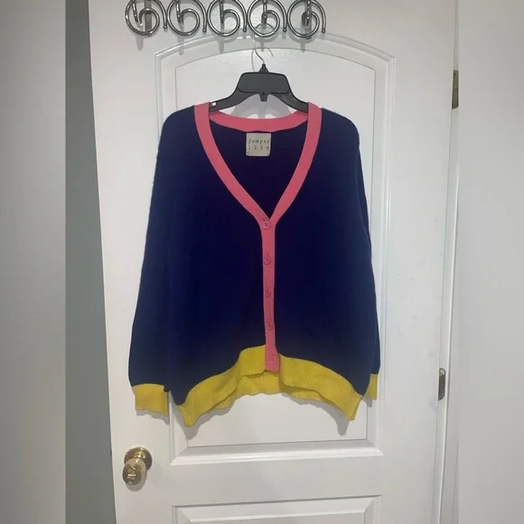 New! Jumper 1234 Contrast Cashmere Cardigan Color block Blue, Yellow Pink 🌼Large - Picture 2 of 6